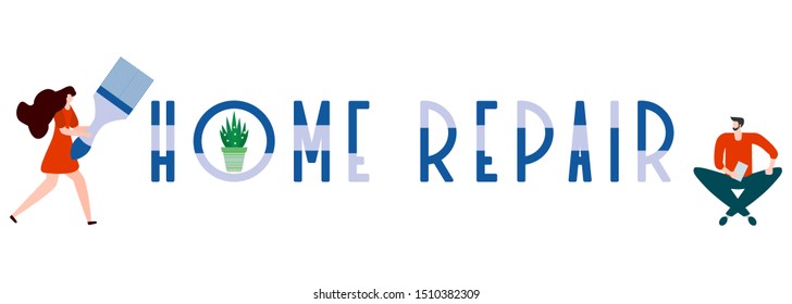 Vector illustration with people holding tools for painting works, home repair inscription. Painting, repair of premises. Building, construction, home repair tools. Design for web page, print.