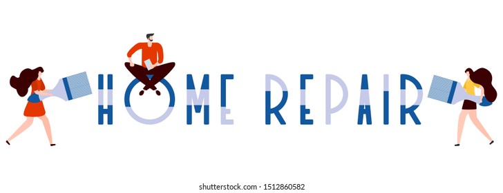 Vector illustration with people holding tools for painting works, home repair inscription. Painting, repair of premises. Building, construction, home repair tools. Design for web page, print.