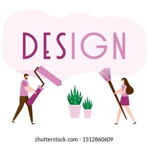 Vector illustration with people holding tools for painting works, design inscription. Painting, repair of premises. Building, construction, home repair tools. Design for web page, presentation, print.