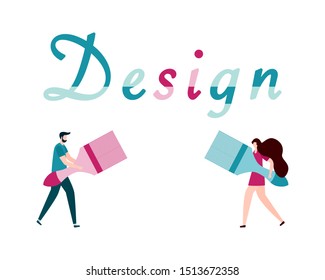 Vector illustration with people holding tools for painting works, design inscription. Painting, repair of premises. Building, construction, home repair tools. Design for web page, presentation, print.