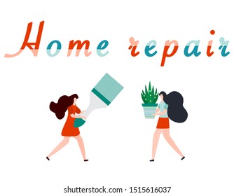 Vector illustration with people holding tools for painting works, home repair inscription. Painting, repair of premises. Building, construction, home repair tools. Design for web page, print.