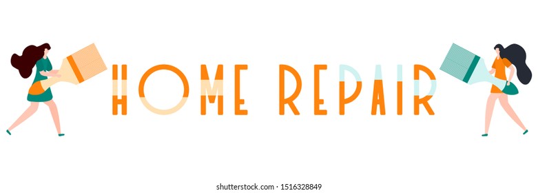 Vector illustration with people holding tools for painting works, home repair inscription. Painting, repair of premises. Building, construction, home repair tools. Design for web page, print.