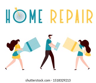 Vector illustration with people holding tools for painting works, home repair inscription. Painting, repair of premises. Building, construction, home repair tools. Design for web page, print.