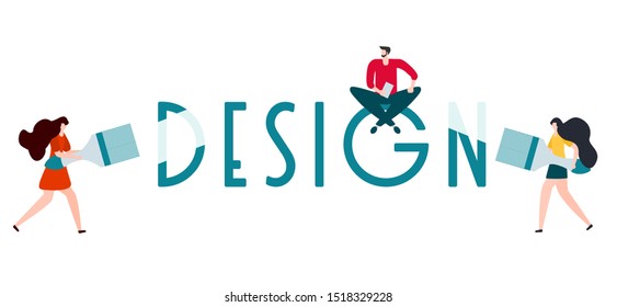 Vector illustration with people holding tools for painting works, design inscription. Painting, repair of premises. Building, construction, home repair tools. Design for web page, presentation, print.