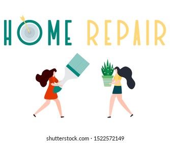 Vector illustration with people holding tools for painting works, home repair inscription. Painting, repair of premises. Building, construction, home repair tools. Design for web page, print.