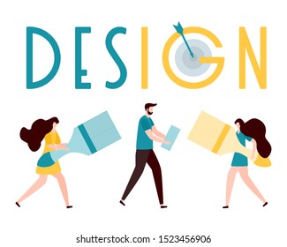 Vector illustration with people holding tools for painting works, design inscription. Painting, repair of premises. Building, construction, home repair tools. Design for web page, presentation, print.