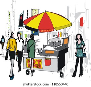 Vector Illustration Of People At Hot Dog Stand, New York.