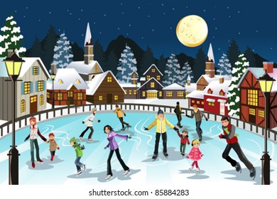 A vector illustration of people ice skating in an outdoor ice skating rink during the winter season