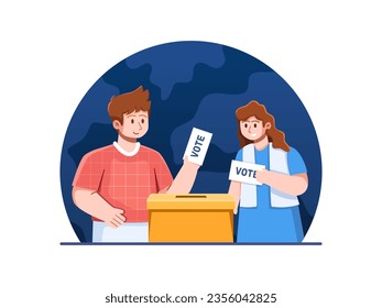 Ilustración vectorial del pueblo insertando una cédula de votación en una urna, simbolizando la participación democrática y la toma de decisiones.
Adecuado para web, infografía, afiche, banner, etc.