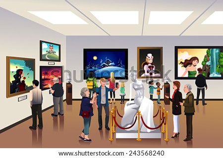 A vector illustration of people inside a museum