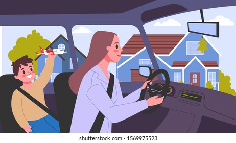 Vector illustration of people inside their cars. Female characters driving a car with her a son. Family trip, mom and child on their way.