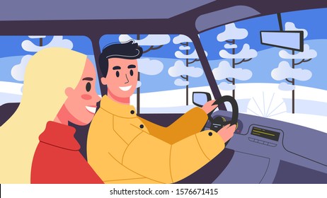 Vector illustration of people inside their cars. Male character driving a car with his wife. Family trip, man and woman on their way.