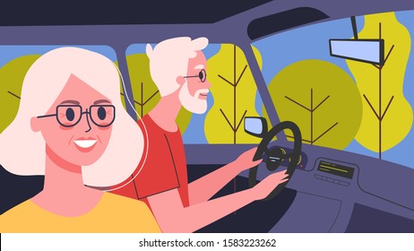 Vector illustration of people inside their cars. Male character driving a car with his wife. Family trip, old man and woman on their way.