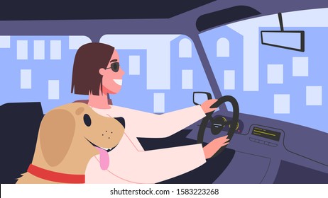 Vector illustration of people inside their cars. Female character driving a car with her dog. Woman in the car on her way.