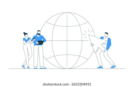 Ilustração vetorial de pessoas interagindo com um ícone de globo, simbolizando o acesso à internet, rede global e comunicação on-line. Clique do cursor, tecnologia da Web, conceitos de negócios em www