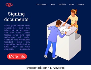 Vector illustration.Two people interacting near the reception desk or check-in.Concept of business trip,registration,agreement signing or getting info