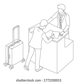 Vector illustration.Two people interacting near the reception desk or check-in.Concept of business trip,registration,agreement signing or getting info