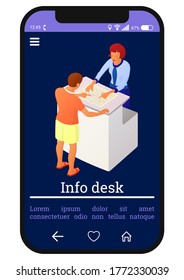 Vector illustration.Two people interacting near the reception desk or check-in.Concept of business trip,registration,agreement signing or getting info