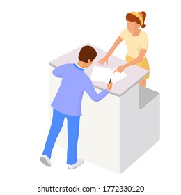 Vector illustration.Two people interacting near the reception desk or check-in.Concept of business trip,registration,agreement signing or getting info
