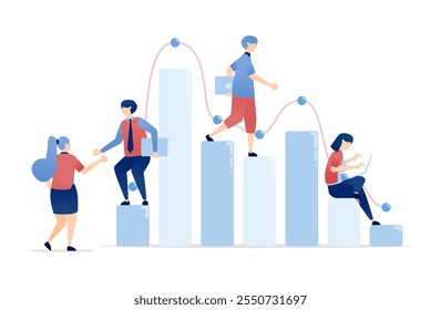 vector illustration of People Interacting on Bar Charts Illustrating Career Growth and Financial Fluctuations in the Changing Economy. Can be used for banners, websites, apps flyers