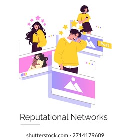 Vector illustration of people interacting on digital platforms within reputational networks. Focus on emotions and connections as users post and engage with social media content.