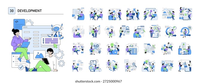 Vektorgrafik von Menschen, die mit Technologie interagieren, und eines KI-Roboters, der die Softwareentwicklung symbolisiert. Verschiedene Szenen zeigen Zusammenarbeit, Programmierung und Innovation in einer technologischen Umgebung.