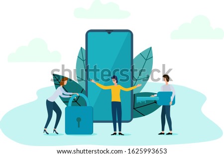 Vector illustration. People involved in smartphone security. The concept of web security.