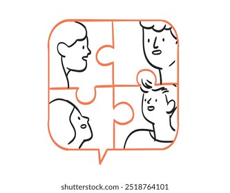 Vector illustration people in jigsaw puzzle work together on project. Company employees coordination, personnel productivity, effective team building and management, teamwork, leadership concept.