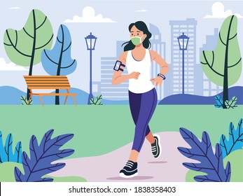 Vector Illustration People Jogging Wearing A Face Mask In New Normal