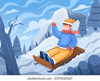 Vector illustration of people joyfully riding a snow sledge in the snowy hill during winter.
Perfect for greeting card, postcard, book, animation, presentation, etc