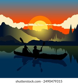 A vector illustration of People Kayaking Canoeing Silhouette in the Lake