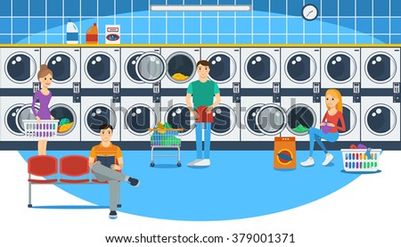 Vector illustration of people in a launderette. Flat style