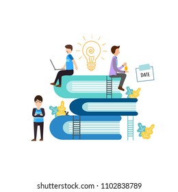 vector illustration people learn and gain knowledge. The creative design of the schedule students learn on books. People ideas drinking a tea with laptop. School and smart person. Flat design style.