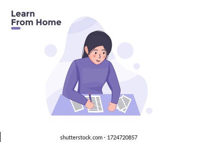 vector illustration people learn from home with woman writing on paper. woman home lessons video live online streaming concept. covid-19 corona can use for web site ui ux banner poster infographic.