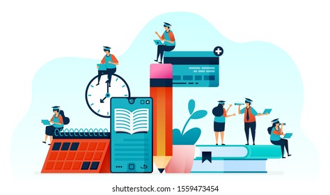 Vector illustration of people learn to use e-books with mobile apps. read books with smartphone for online courses, webinar and tutorials. online teaching and tutoring. For landing page, web, post