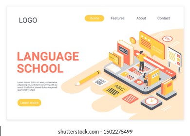Vector illustration of people learning foreign languages in language school isometric landing page template vector illustration