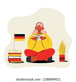 Ilustración vectorial de la gente aprendiendo alemán. La educación a distancia en Alemania es el concepto de cursos de formación en línea. Un escolar está leyendo un libro con personajes de caricatura. Enseñanza de lengua extranjera