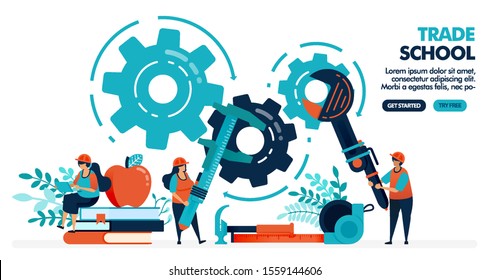 Vector illustration of people learning to repair machines. Trade school or vocational. University or college institution. Vocational education. Design for landing page, web, banner, template, poster