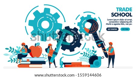 Vector illustration of people learning to repair machines. Trade school or vocational. University or college institution. Vocational education. Design for landing page, web, banner, template, poster