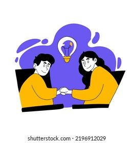 Vector Illustration Of People With Light Bulb. Creativity, Occupation, Laptop, Teamwork, Group, Collective, Company, Invention, Inovation, Idea, Thought. Creative Thinking Concept. Flat Drawing EPS10.