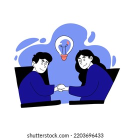 Vector Illustration Of People With Light Bulb. Creativity, Occupation, Laptop, Teamwork, Group, Collective, Company, Invention, Inovation, Idea. Creative Thinking Concept. Blue And Pink Pastel Colors