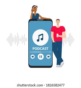 Vector illustration of people listening to podcast in phone. Youth studying online in coronavirus period. Flat concept of internet digital recording, broadcasting, training and elearning isolated