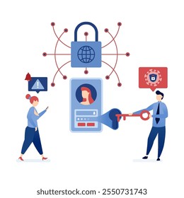 Ilustración vectorial de las Personas que inician sesión en Cuentas con seguridad biométrica, como el reconocimiento facial y los escaneos de huellas dactilares, conectadas a Internet para mejorar la protección de datos