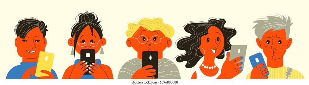 Vector illustration. People look at their cell phones and chat on social media.