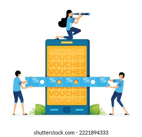 Vector Illustration of People looking for cashback voucher tickets or discount programs from promotional apps. Can be used for landing pages, web, websites, mobile apps, posters, ads, flyers, banners