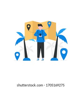 Vector illustration of people looking for vacation destinations, suitable for landing pages, UI, web sites, mobile applications, editorials, posters, leaflets, articles, and banners