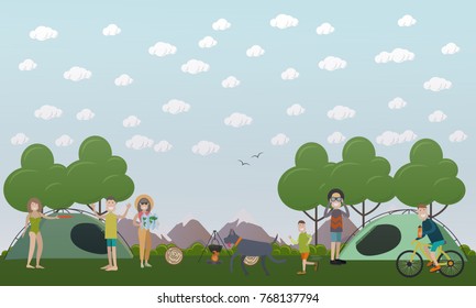 Vector illustration of people making a camp. Tourists playing outdoor games, cooking on the open fire. Flat style design.