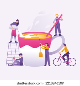 Vector Illustration People Making Coffee/tea And Eggnog Concept, Group Of People Make Tea/coffee Together, And The Girl Pouring Milk