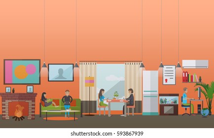 Vector illustration of people making use of various gadgets at home. Young men and women using smartphones, computer and laptop. Modern gadgets concept design element in flat style.