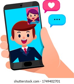 Vector illustration of people making video call on smartphone with some graphic symbils  
